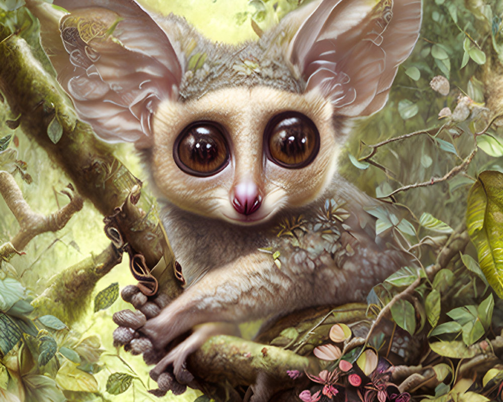 Whimsical creature with large eyes and oversized ears in lush greenery