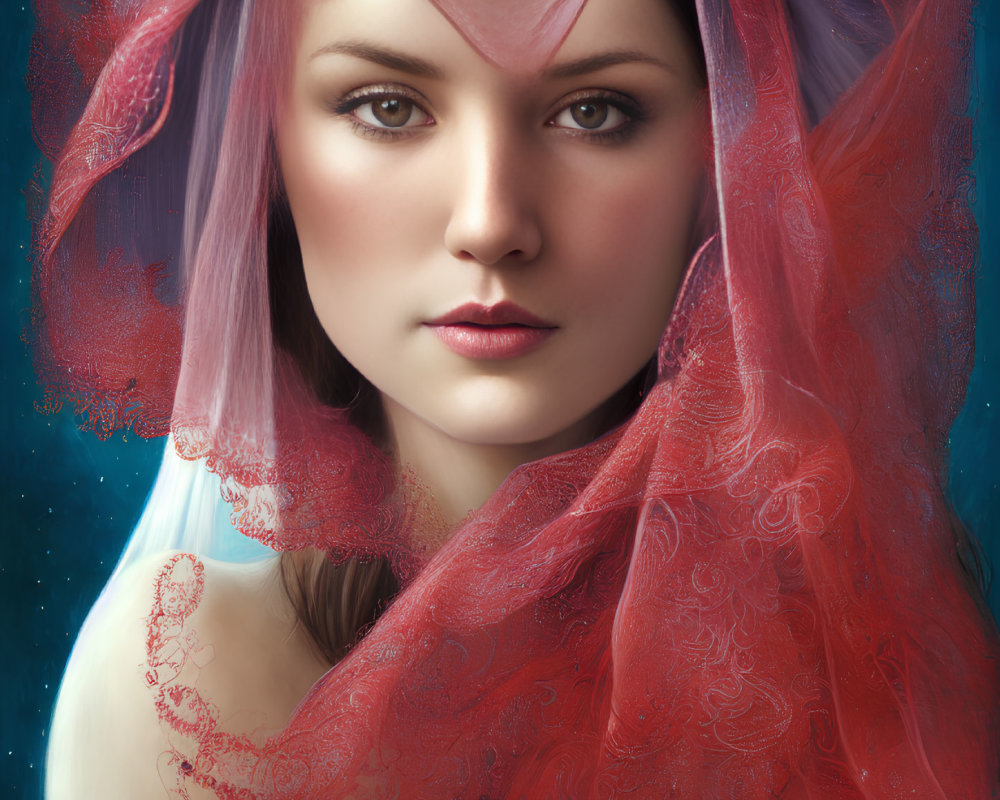Violet-haired woman with red veil and shoulder tattoo on blue backdrop
