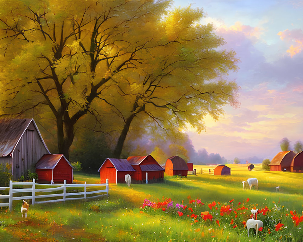Sunset farm scene: red barns, grazing animals, lush trees, field of red flowers under