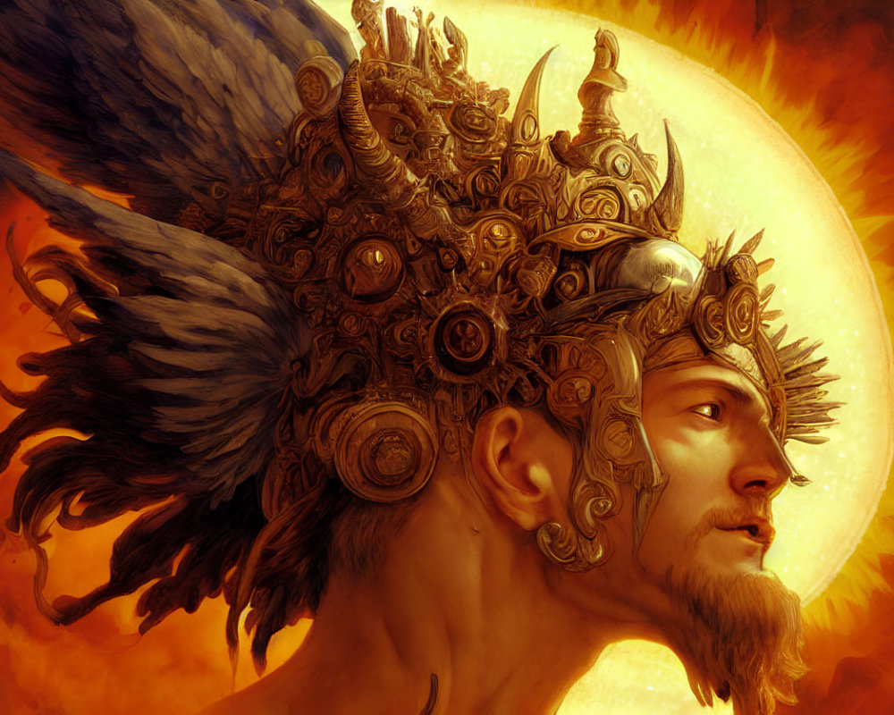 Figure with ornate helmet against fiery backdrop resembling blazing sun