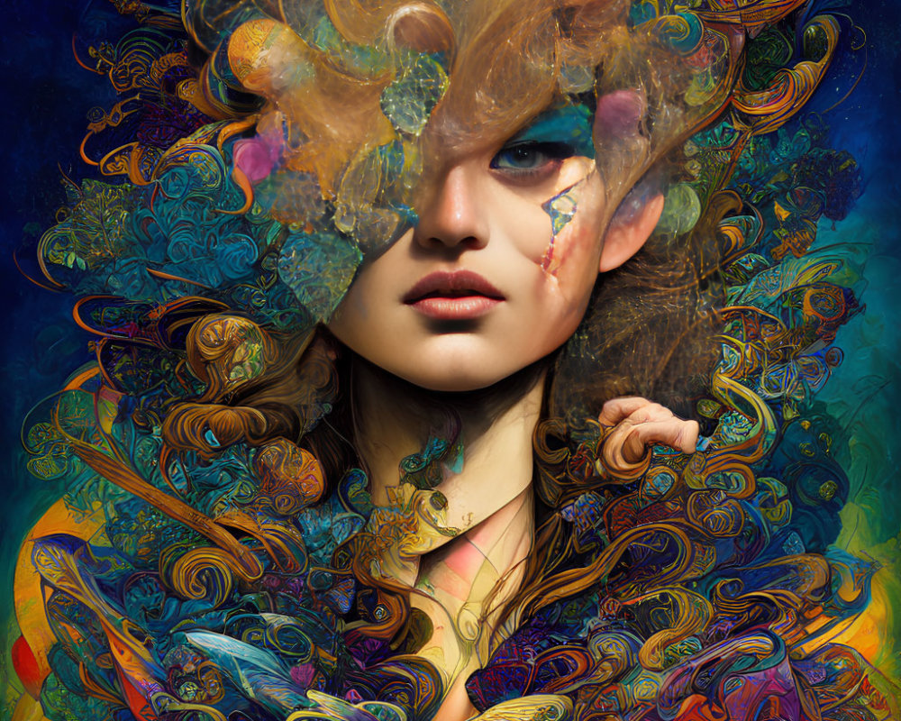 Colorful digital artwork: Woman with swirling patterns