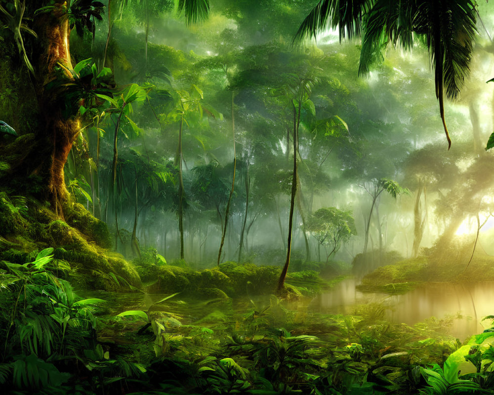 Tropical Rainforest with Towering Trees and Serene River