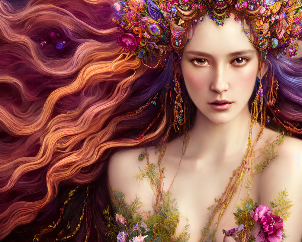 Colorful woman with floral crown and intricate jewelry holding flowers