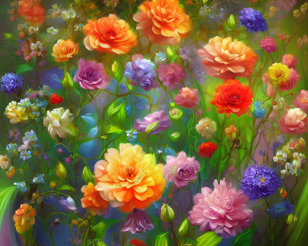 Colorful Impressionistic Floral Painting with Orange, Purple, and Pink Blooms