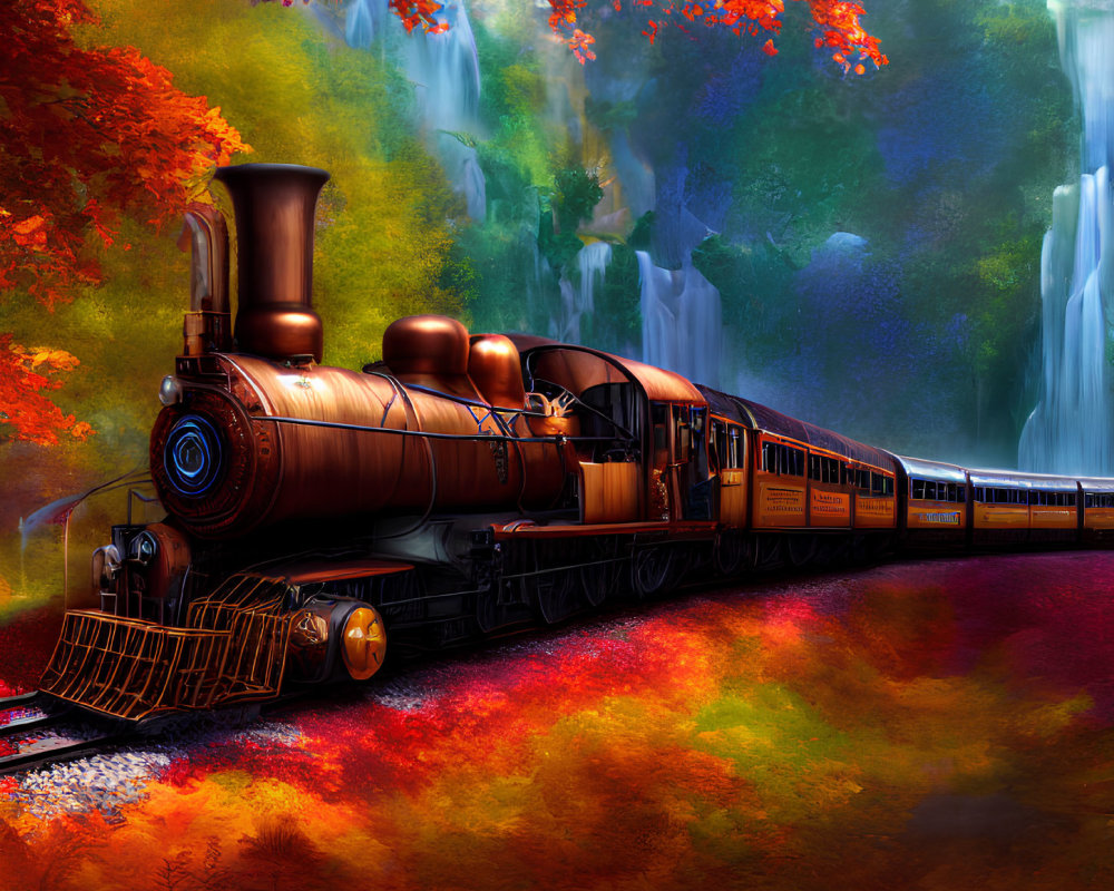 Vintage steam locomotive in vibrant autumn landscape with waterfall