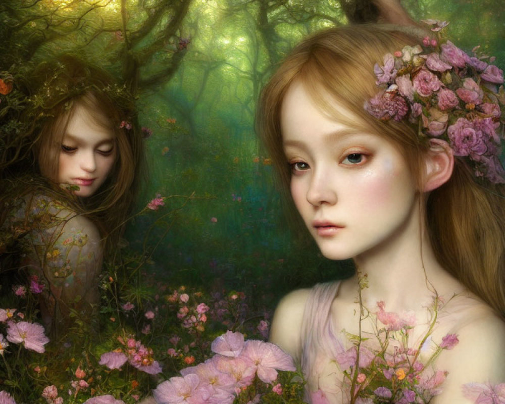 Whimsical portrait of two girls in floral crowns in a flower-filled forest