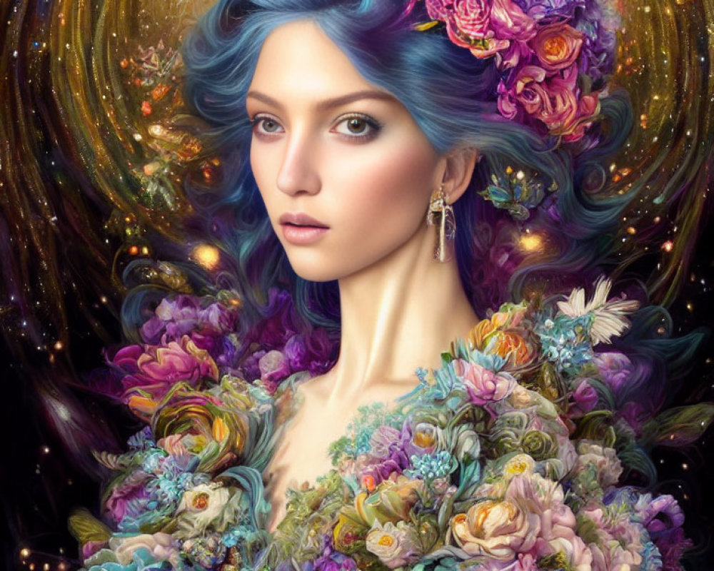 Surreal portrait of woman with blue hair and vibrant floral adornments surrounded by cosmic swirl