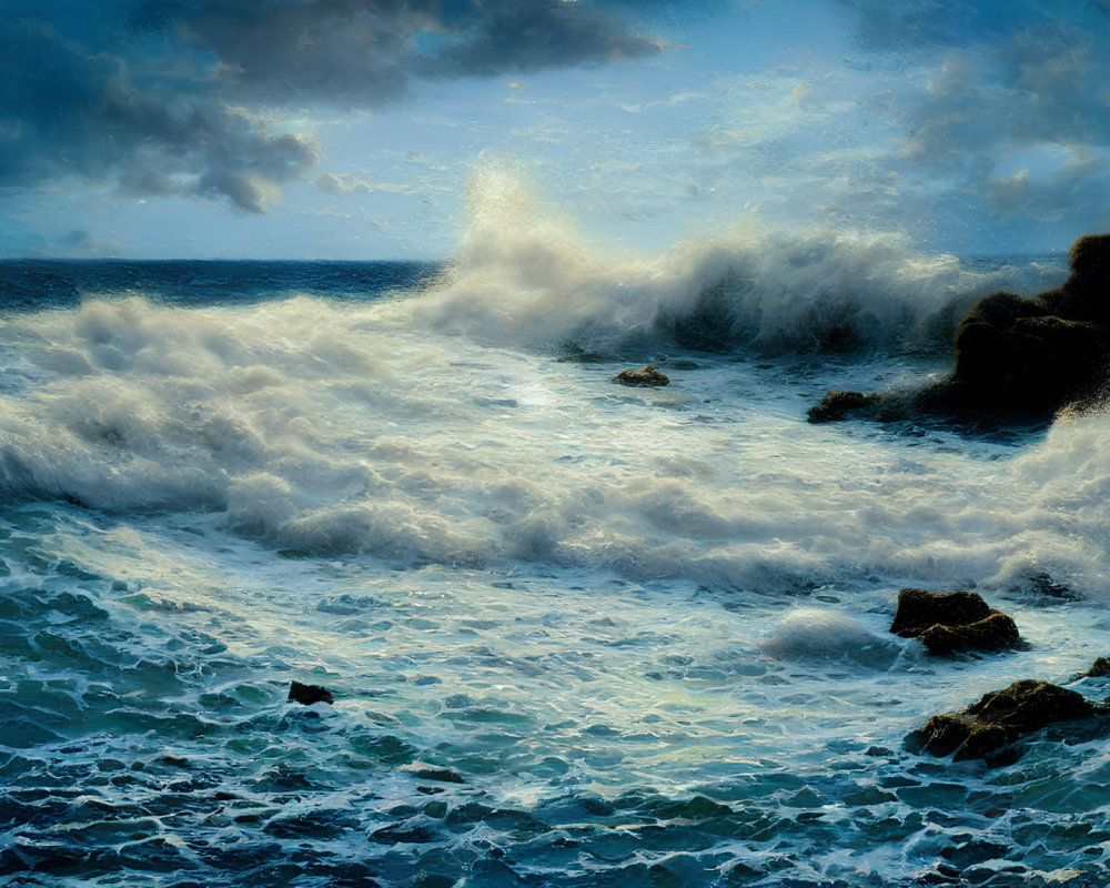 Dramatic stormy sea waves crashing against rocks under sunlight