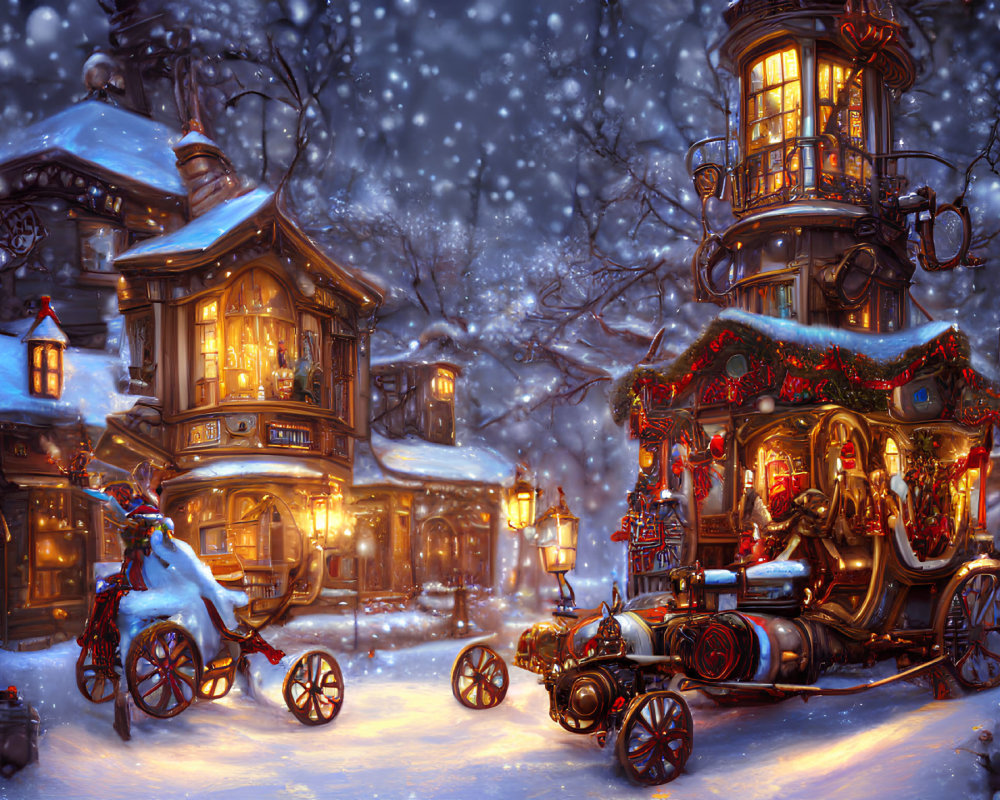 Snow-covered town with illuminated houses and horse-drawn carriage in festive winter scene