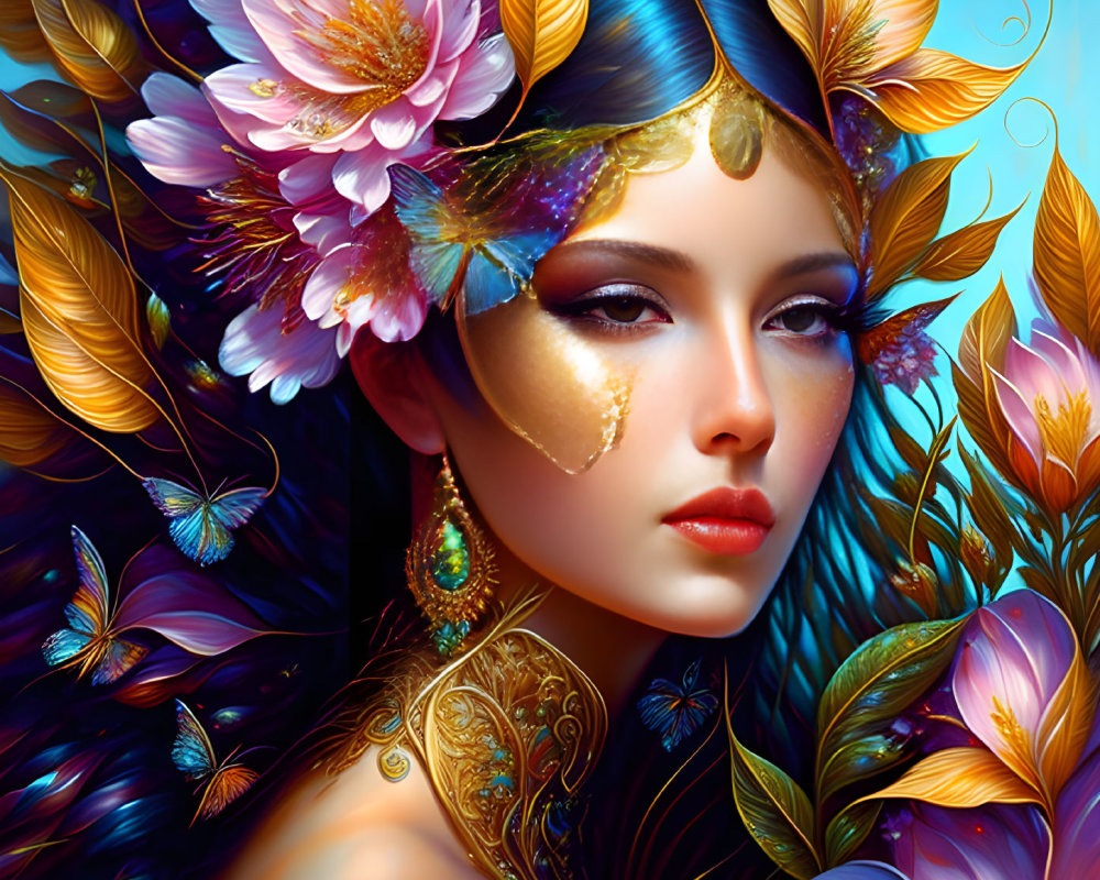 Woman with Vibrant Feathers, Flowers, Golden Makeup, and Tattoos in Colorful Plumage