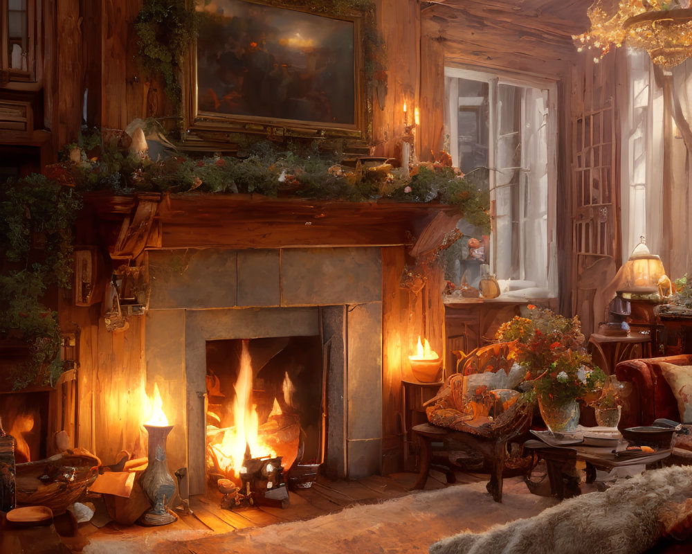 Rustic cabin interior with fireplace, chandelier, wooden walls, and greenery