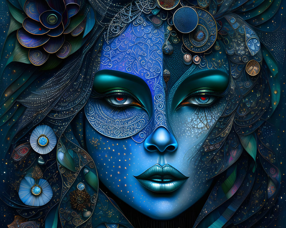 Digital artwork of woman's face with intricate metallic and floral elements in dark blue palette