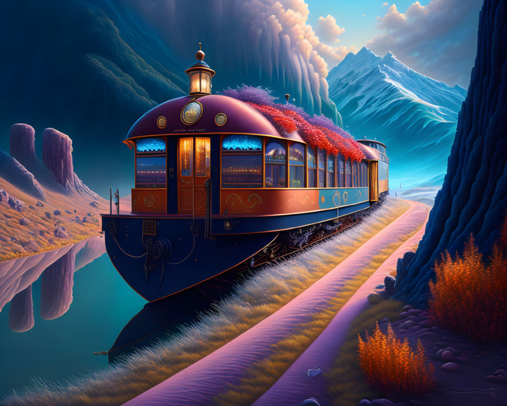 Vintage-style train travels scenic lakeside track with surreal landscapes