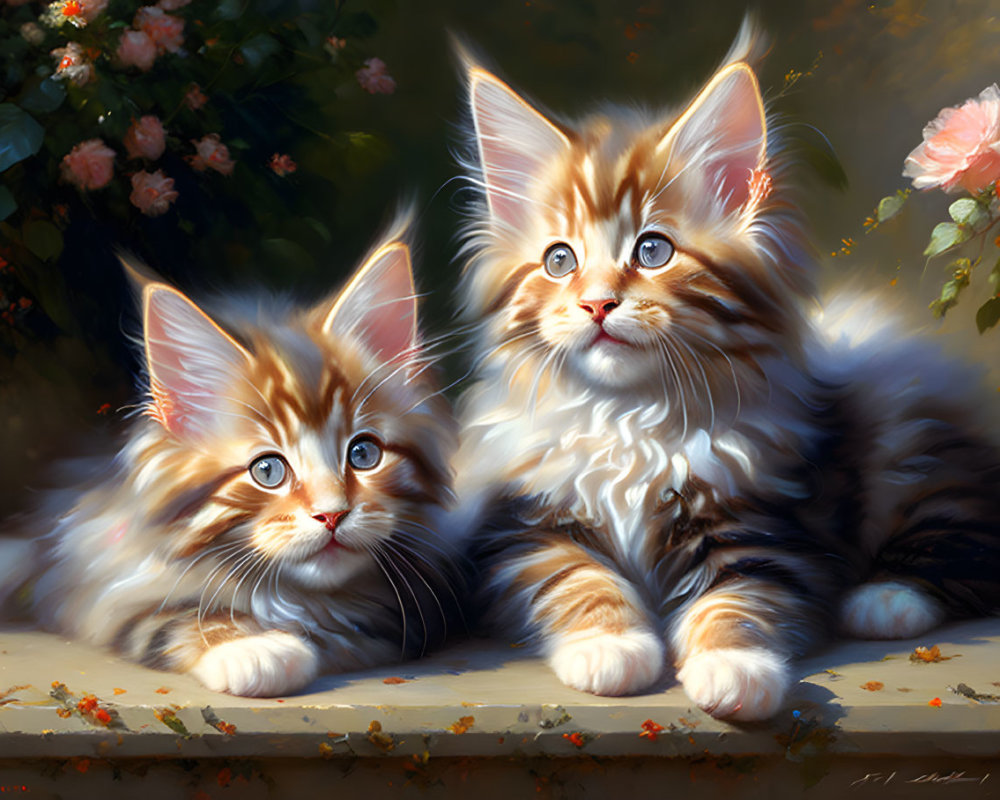 Fluffy Kittens with Striking Blue Eyes in Greenery and Pink Flowers