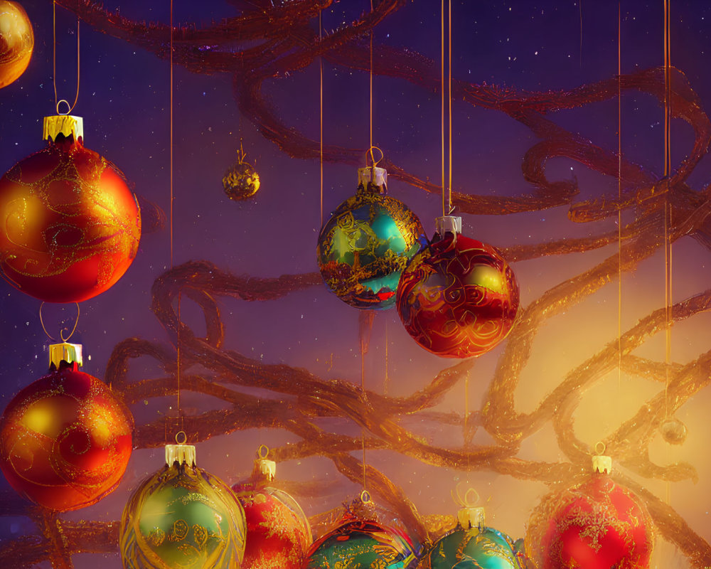 Vibrant Christmas baubles on whimsical tree branches