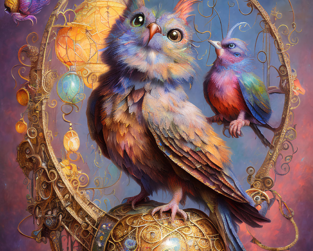 Colorful owl perched on golden clockwork sphere with smaller bird in fantasy illustration