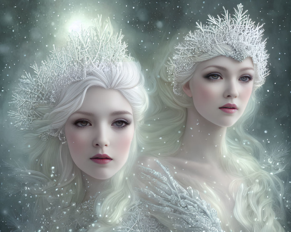 Ethereal women with frost crowns in snowy scene