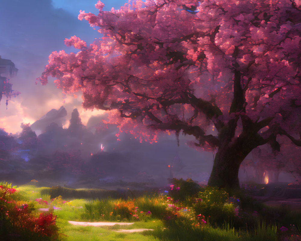 Majestic cherry blossom tree in fantasy landscape with pink blooms