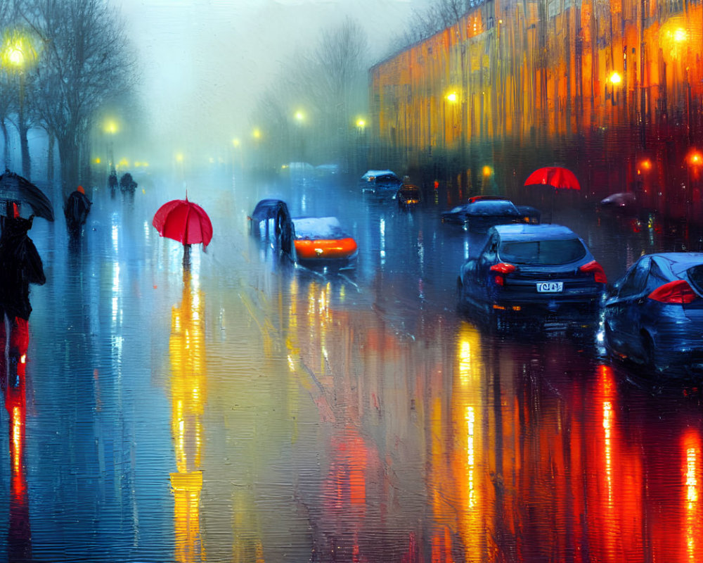 Rainy urban scene with vibrant reflections of people with umbrellas and cars on wet, illuminated street in