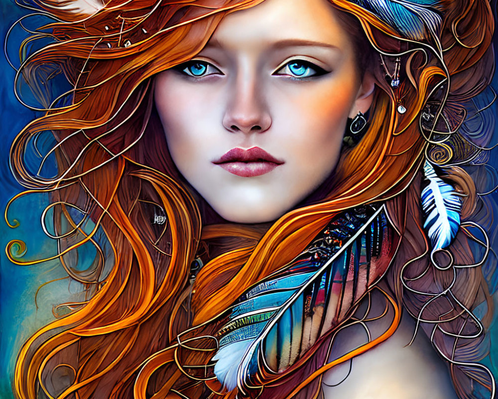 Vibrant Digital Art Portrait of Woman with Orange Hair and Feathers