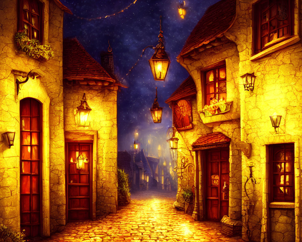Charming cobblestone street at night with warm street lamps