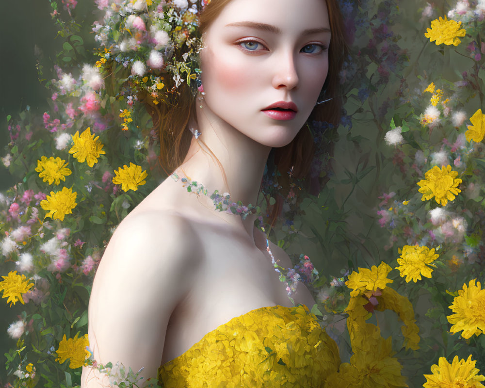 Fair-skinned woman surrounded by yellow flowers in detailed digital portrait