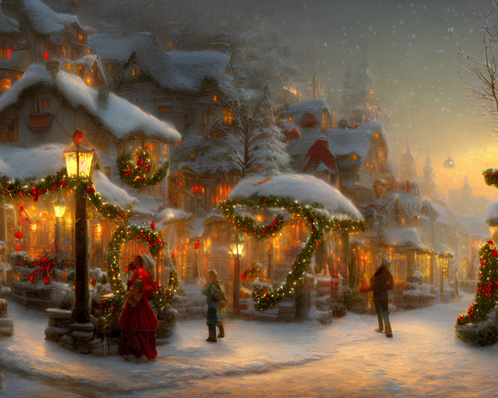 Snow-covered cottages in festive village scene with warm lights and Christmas decorations.