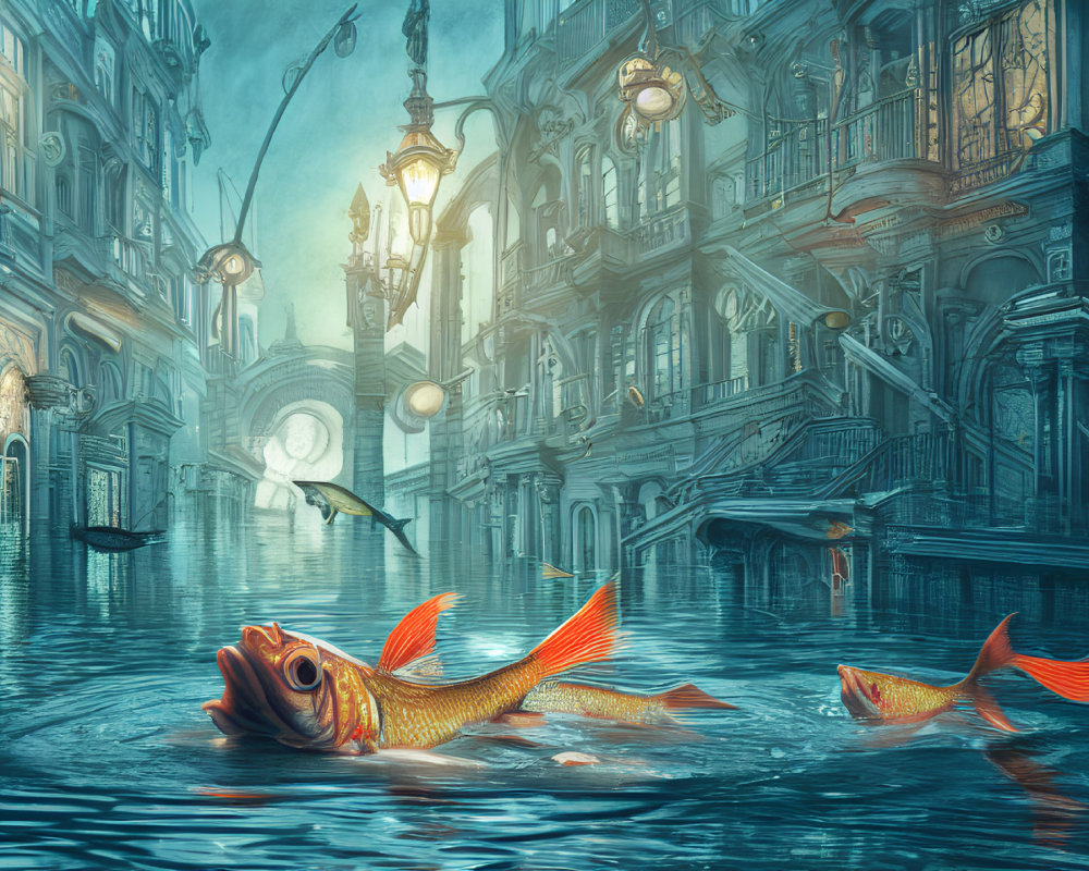 Goldfish swim in flooded ornate street with vintage lampposts and European-style buildings under blue