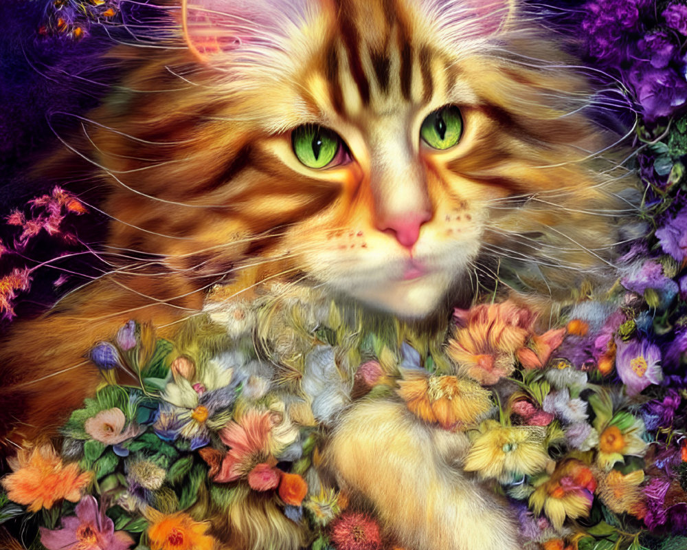 Large Cat with Vibrant Green Eyes Surrounded by Colorful Flowers