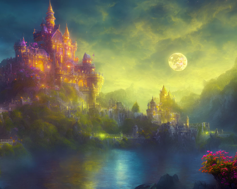 Moonlit landscape with illuminated castle and lush greenery