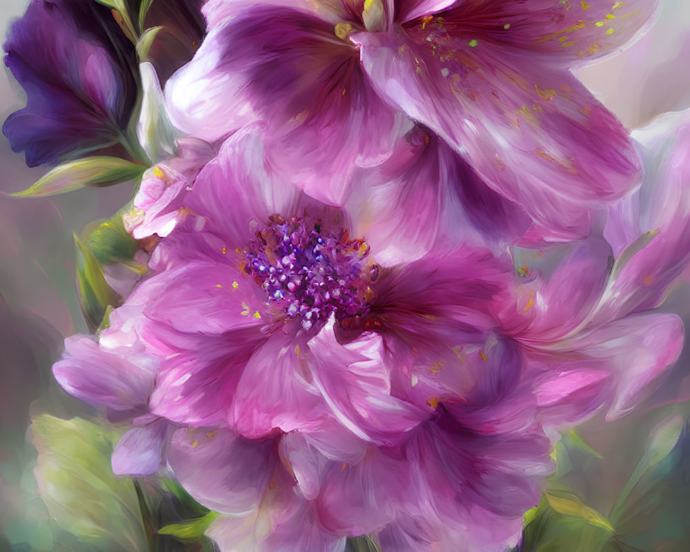 Purple Flowers Painting with Delicate Petals and Prominent Stamens