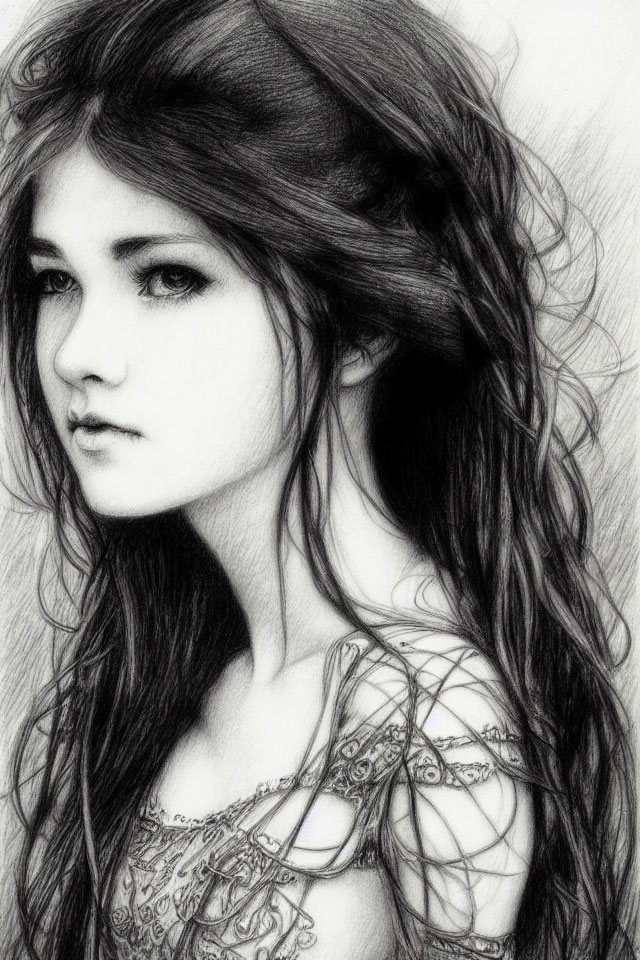 Detailed pencil drawing of young woman with wavy hair and patterned clothing.