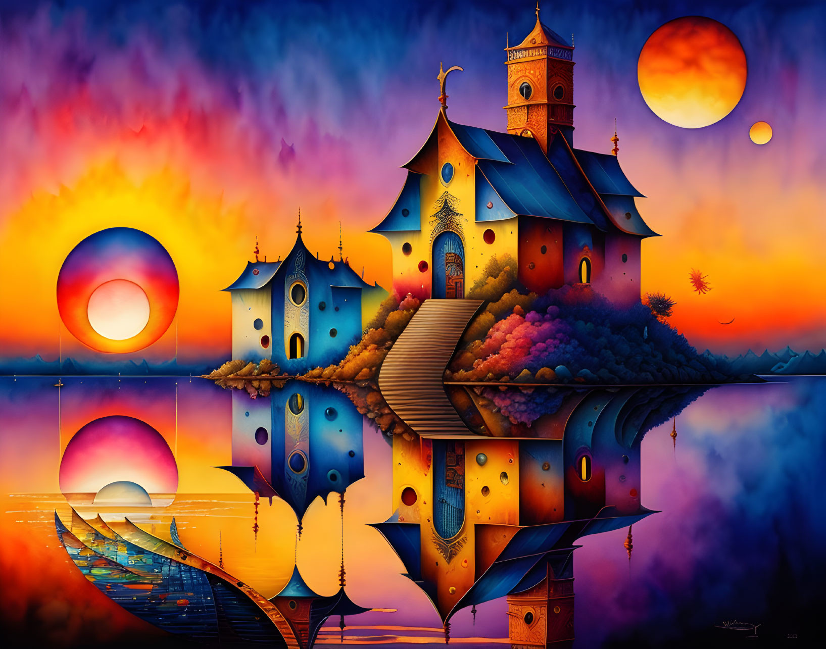 Surreal landscape with whimsical castle, arched bridges, and vibrant sunset sky