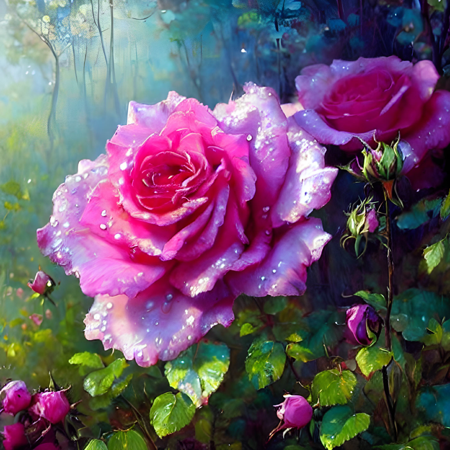 Pink rose with dewdrops in misty forest scene