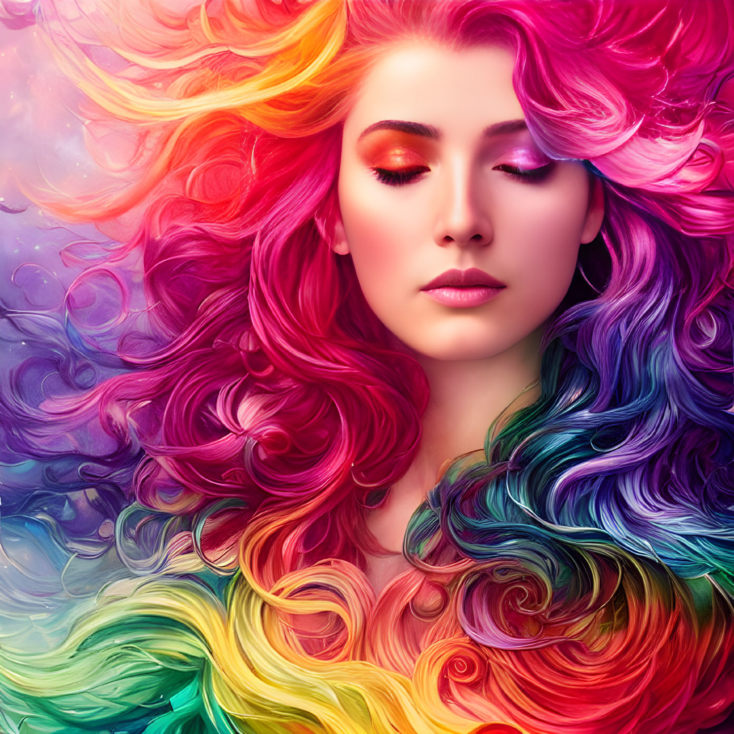 Colorful Woman with Rainbow Hair on Kaleidoscopic Background