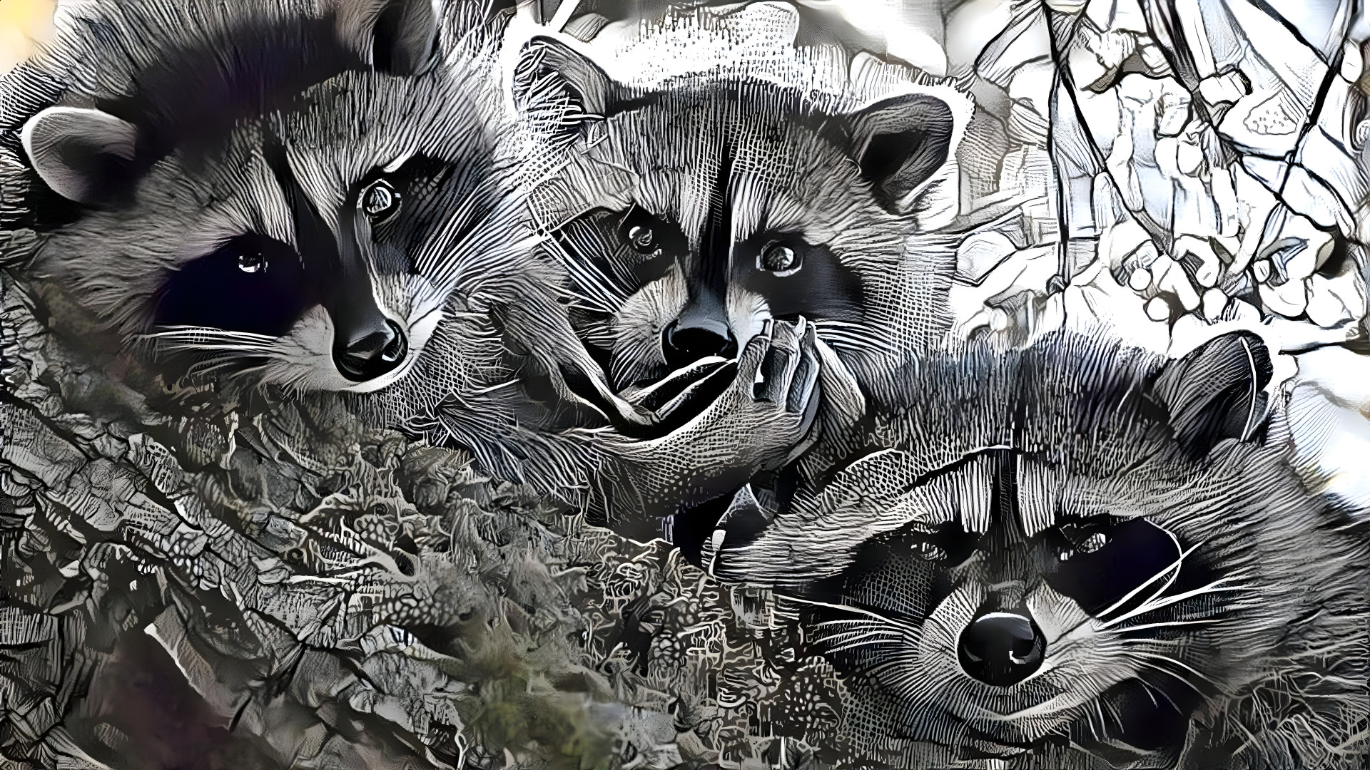 Three Raccoons In A Tree