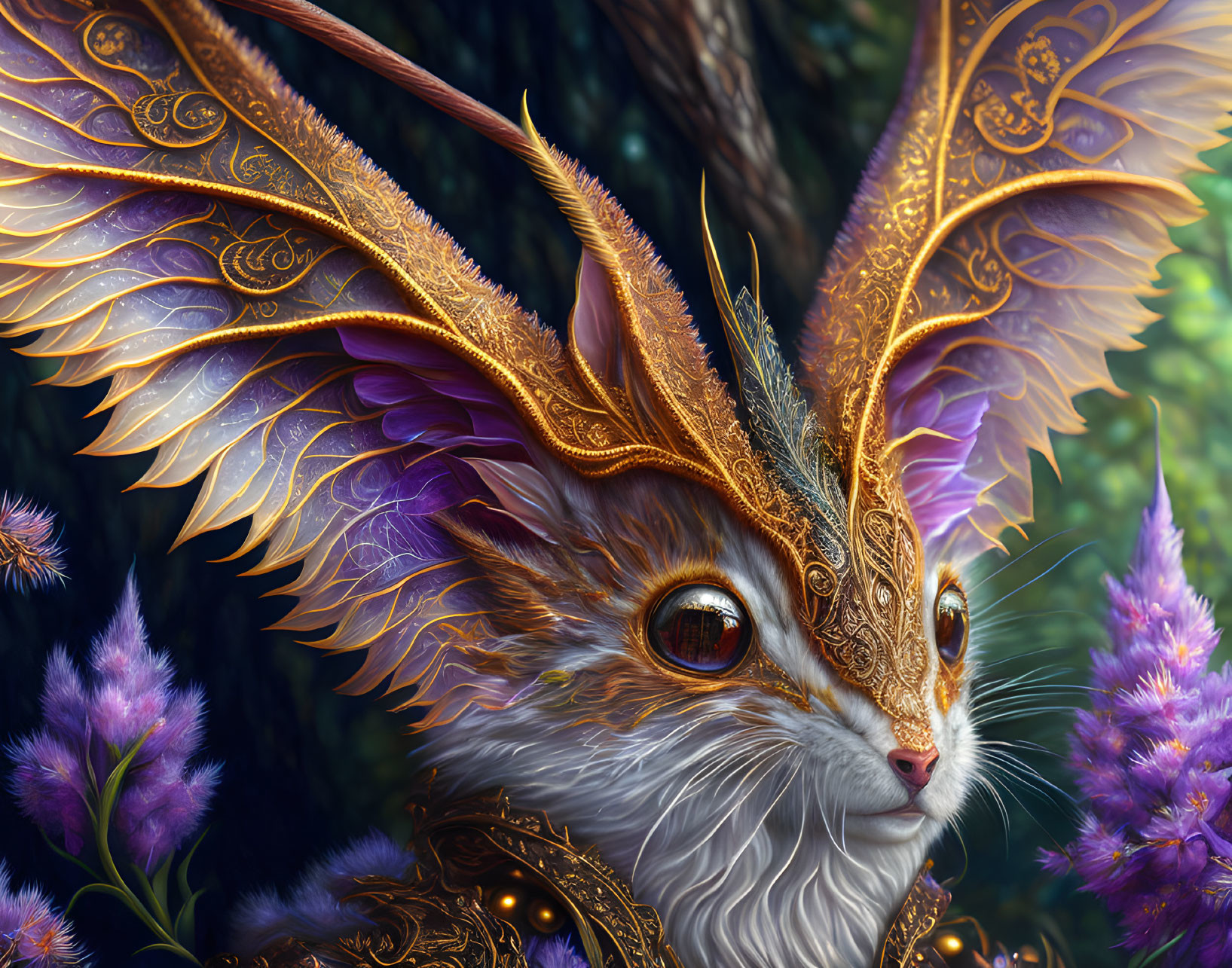 Cat-headed creature with golden and purple wings on floral backdrop