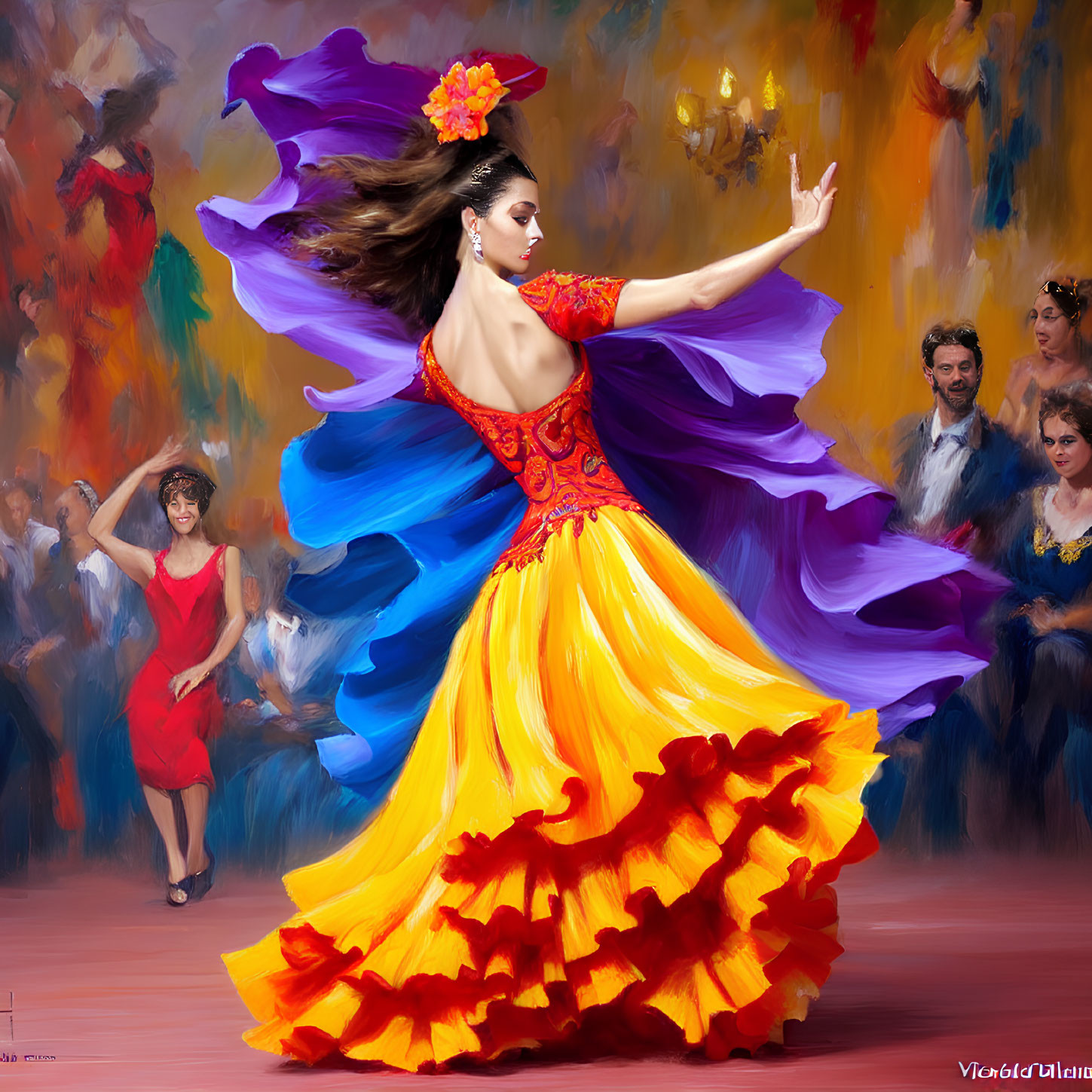 Vibrant yellow and red flamenco dancer with flowing purple train performs passionately