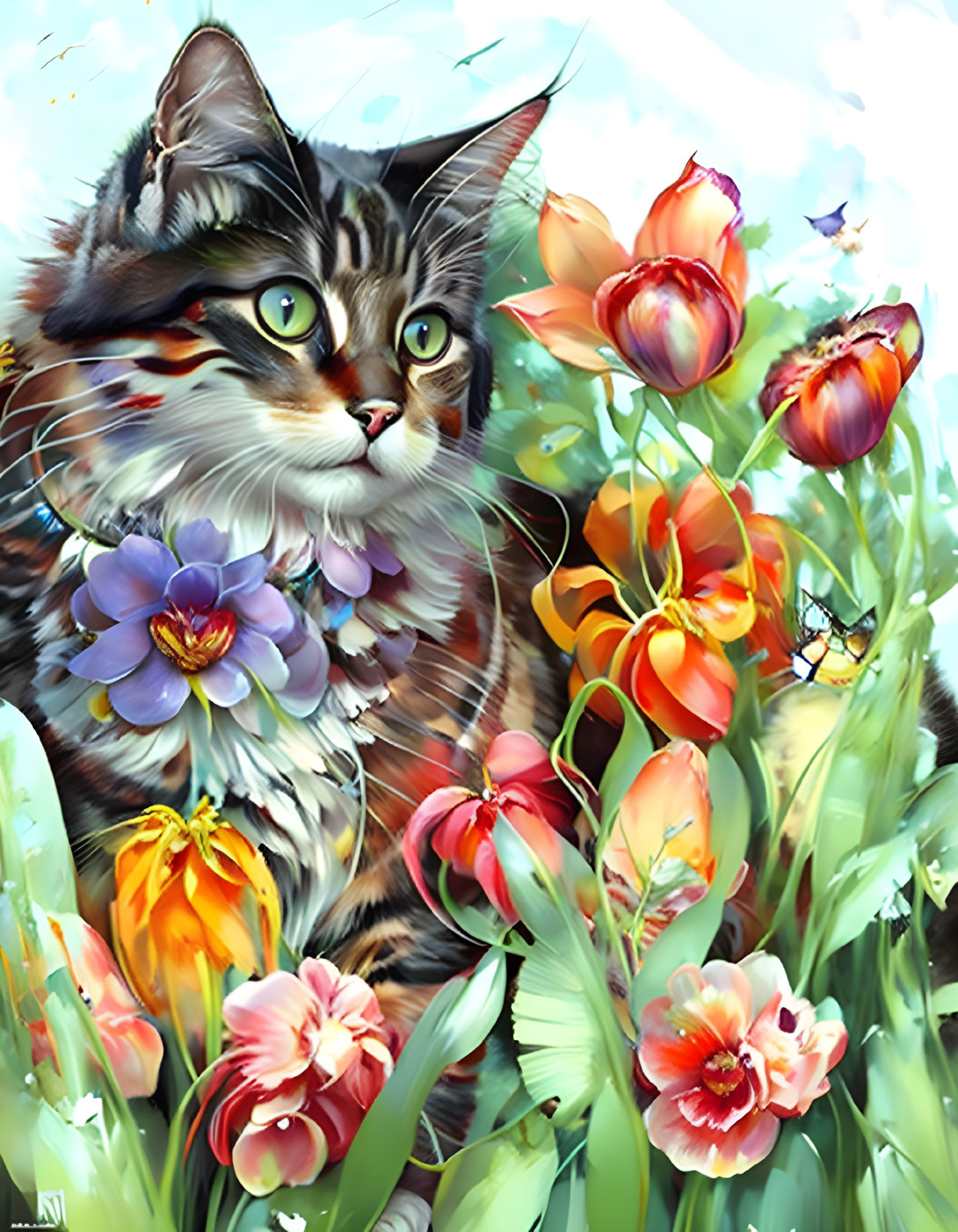 Colorful Cat Illustration Surrounded by Flowers and Butterfly
