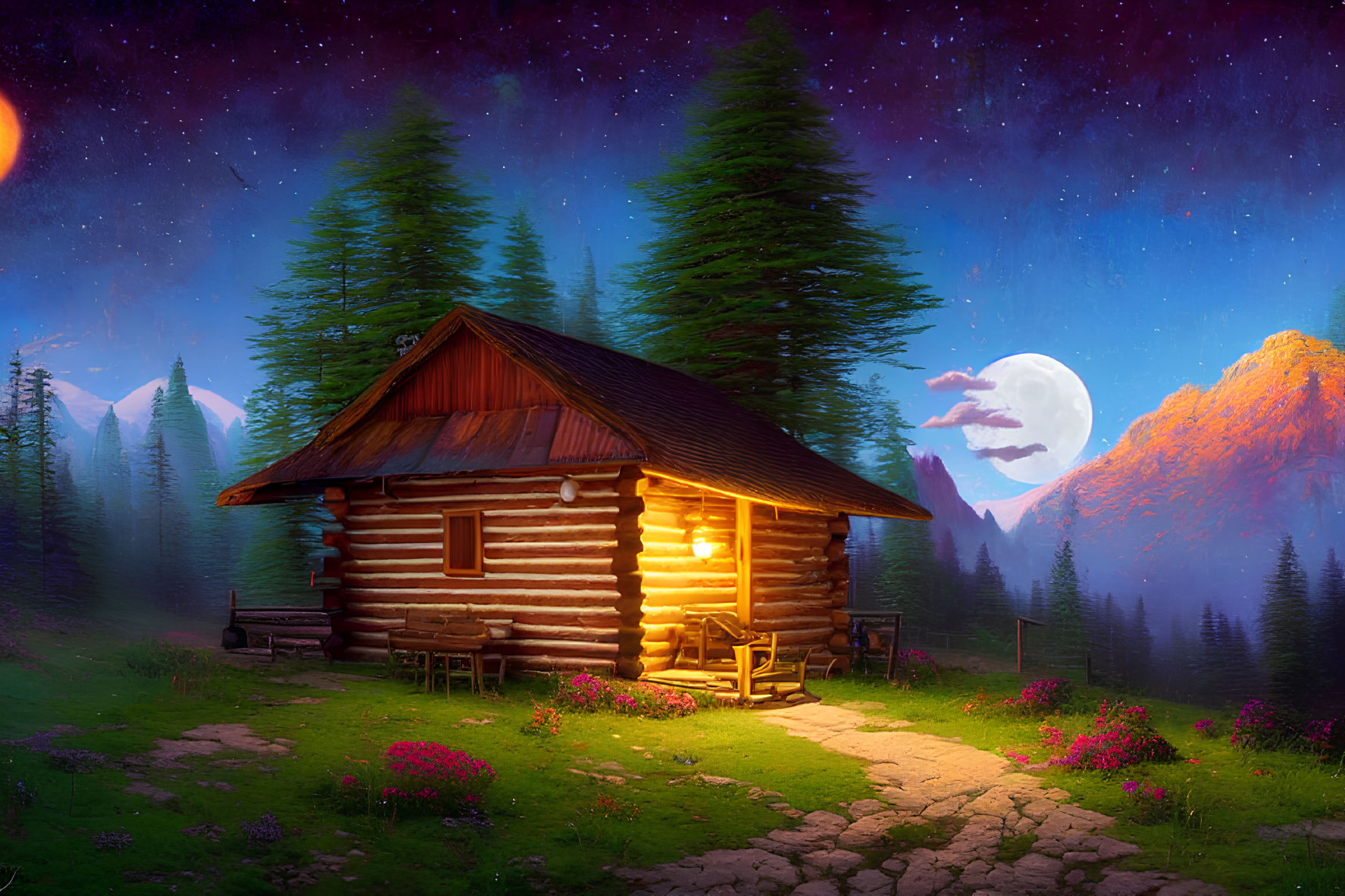 Serene forest clearing: Cozy log cabin under starry sky