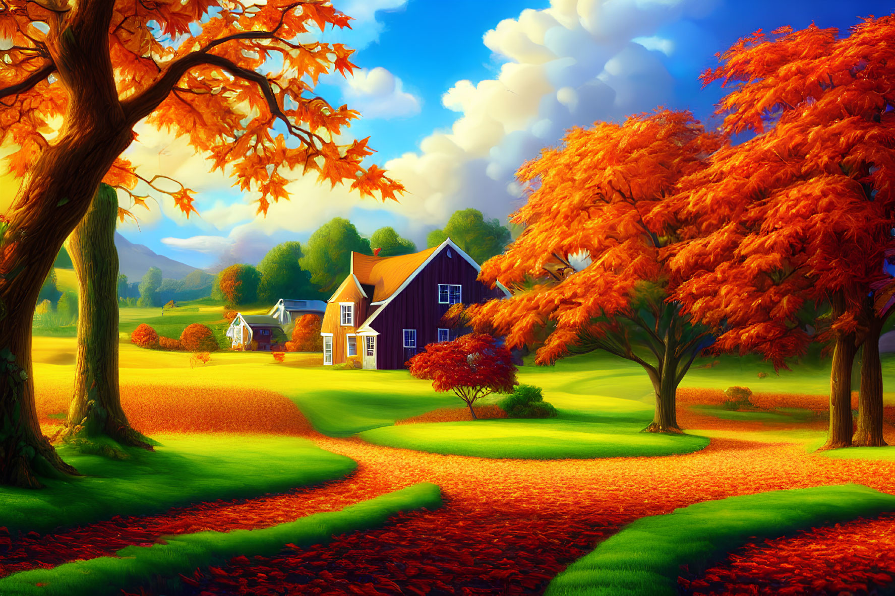Scenic autumn landscape with orange trees, blue house, green fields, and fluffy clouds