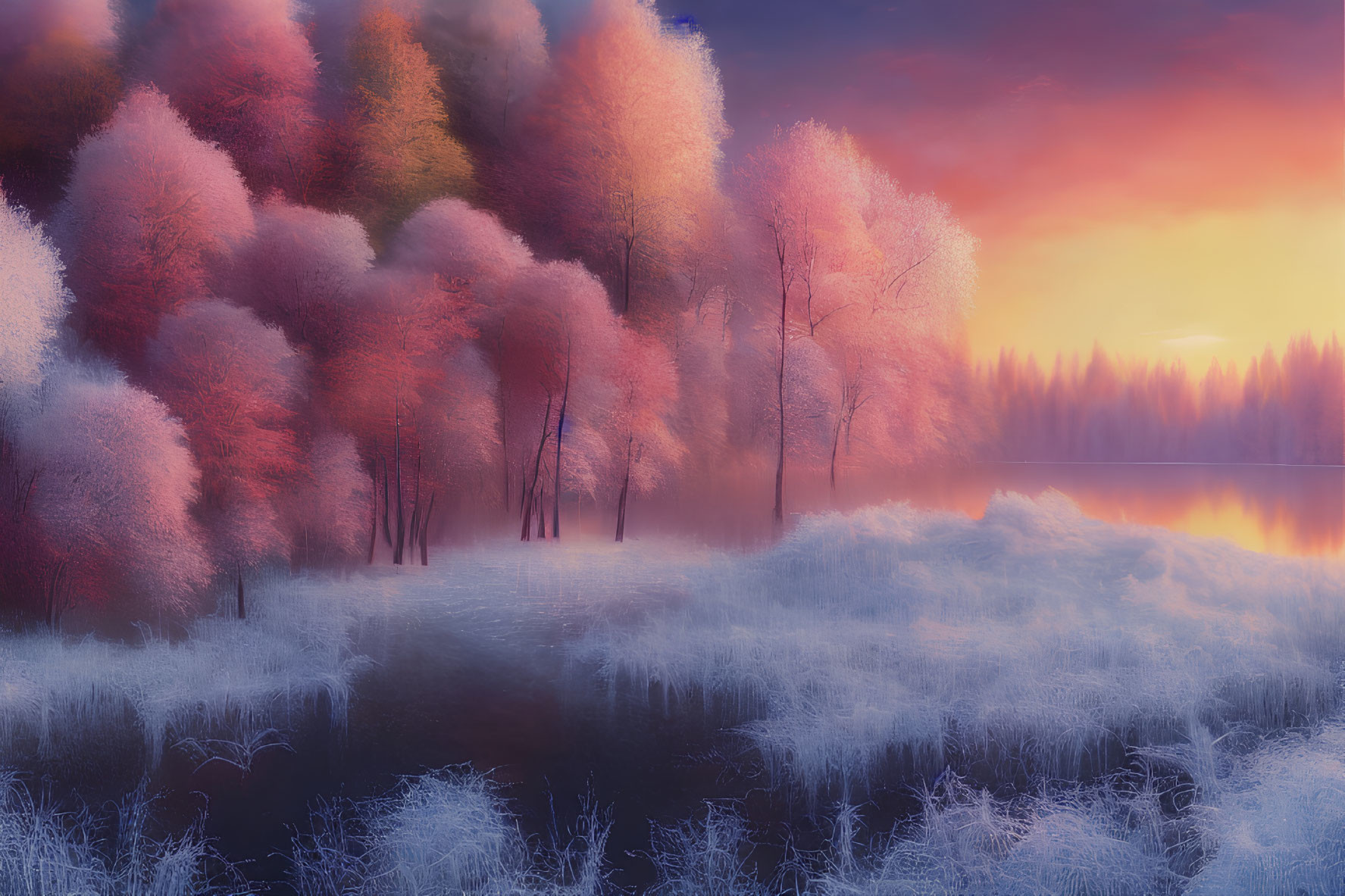 Colorful Autumn Forest with Frosted Ground and Reflective Lake at Sunrise or Sunset