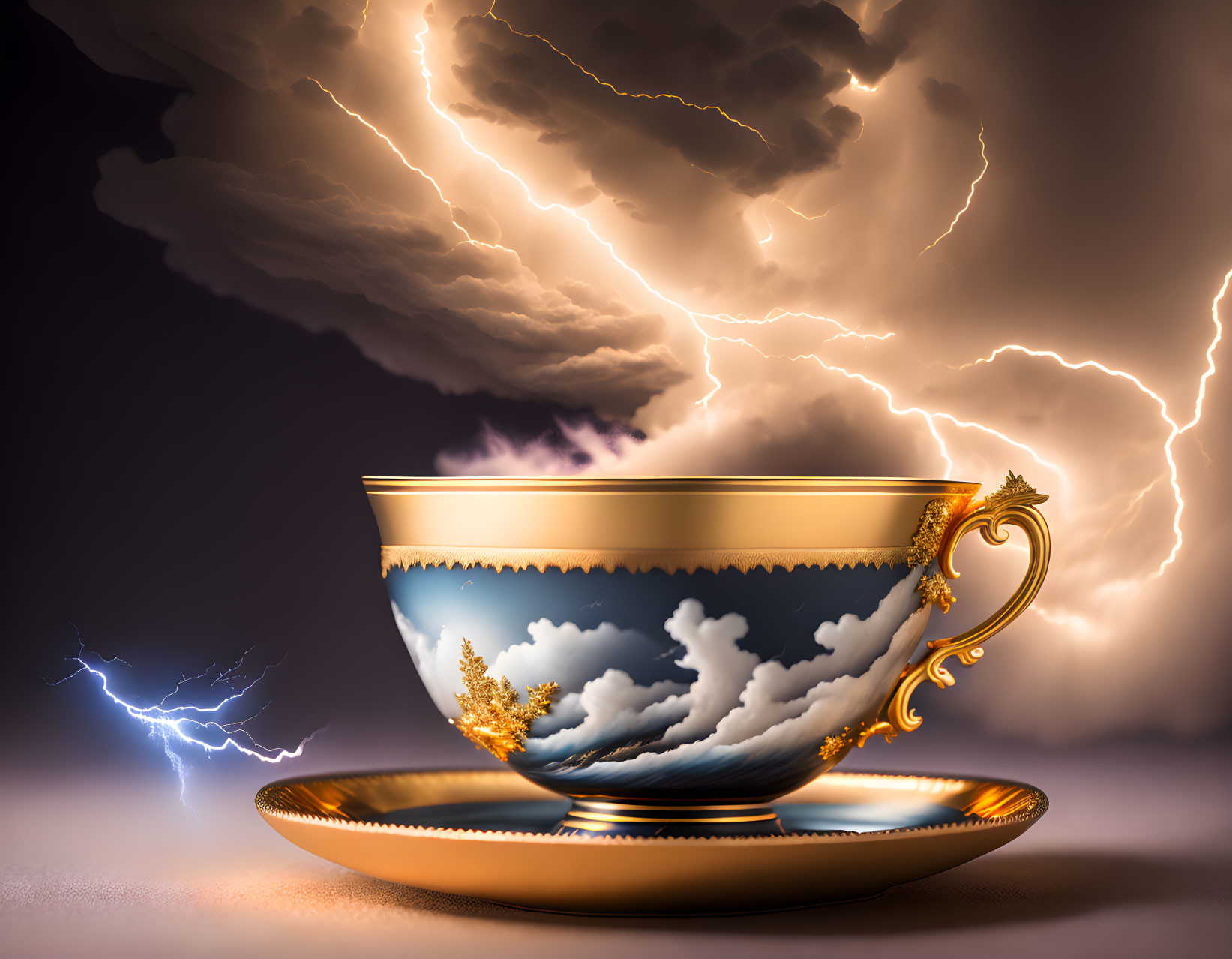 Decorative cup with cloud design against stormy sky and lightning strikes