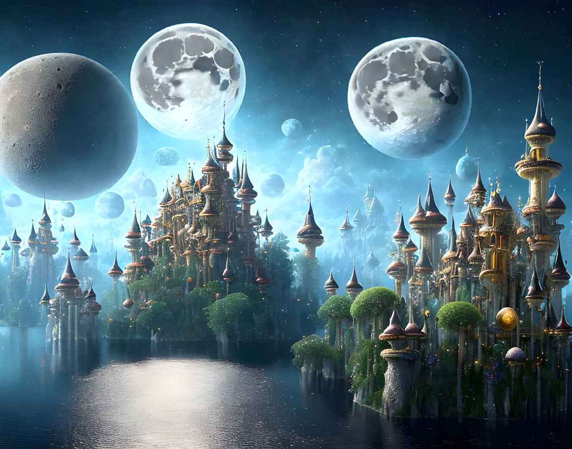 Fantastical city with spire-topped towers floating above water under starry night sky