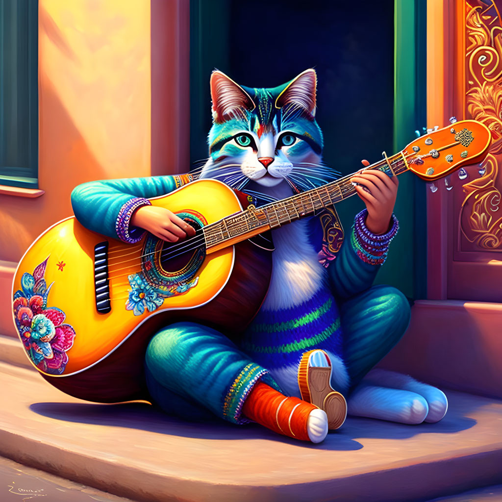 Blue and white anthropomorphic cat playing guitar in colorful attire