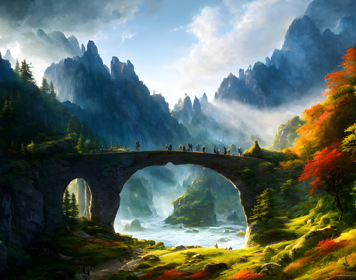Majestic landscape with ancient stone bridge, mountains, mist, autumn foliage