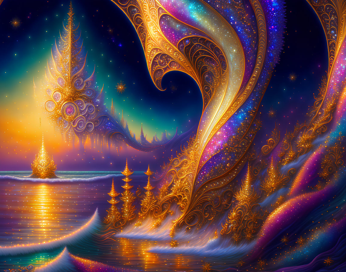 Fantasy landscape with golden sky patterns and shimmering ocean waves