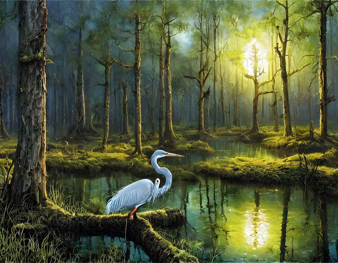 Tranquil forest scene with heron on mossy branch by stream