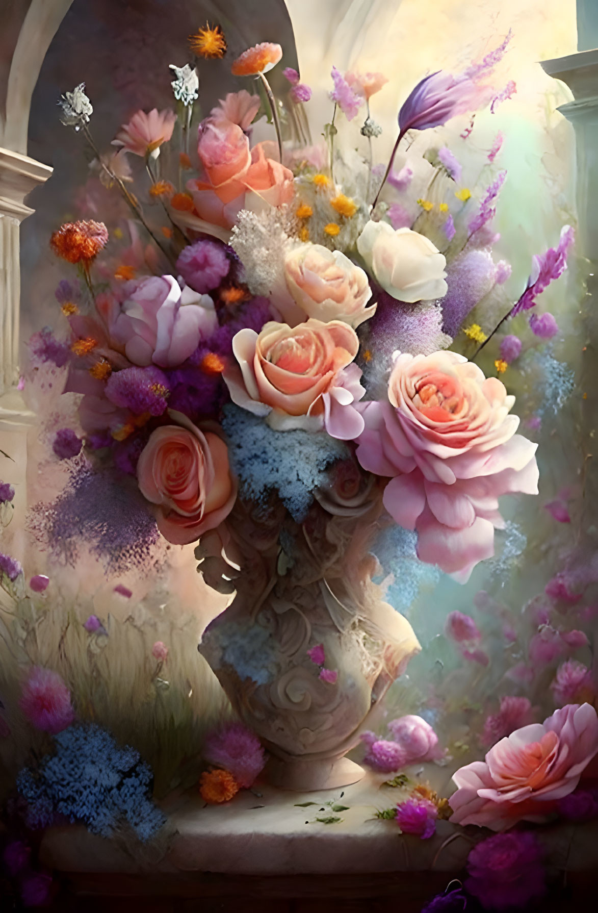 Colorful flowers in classical vase digital painting