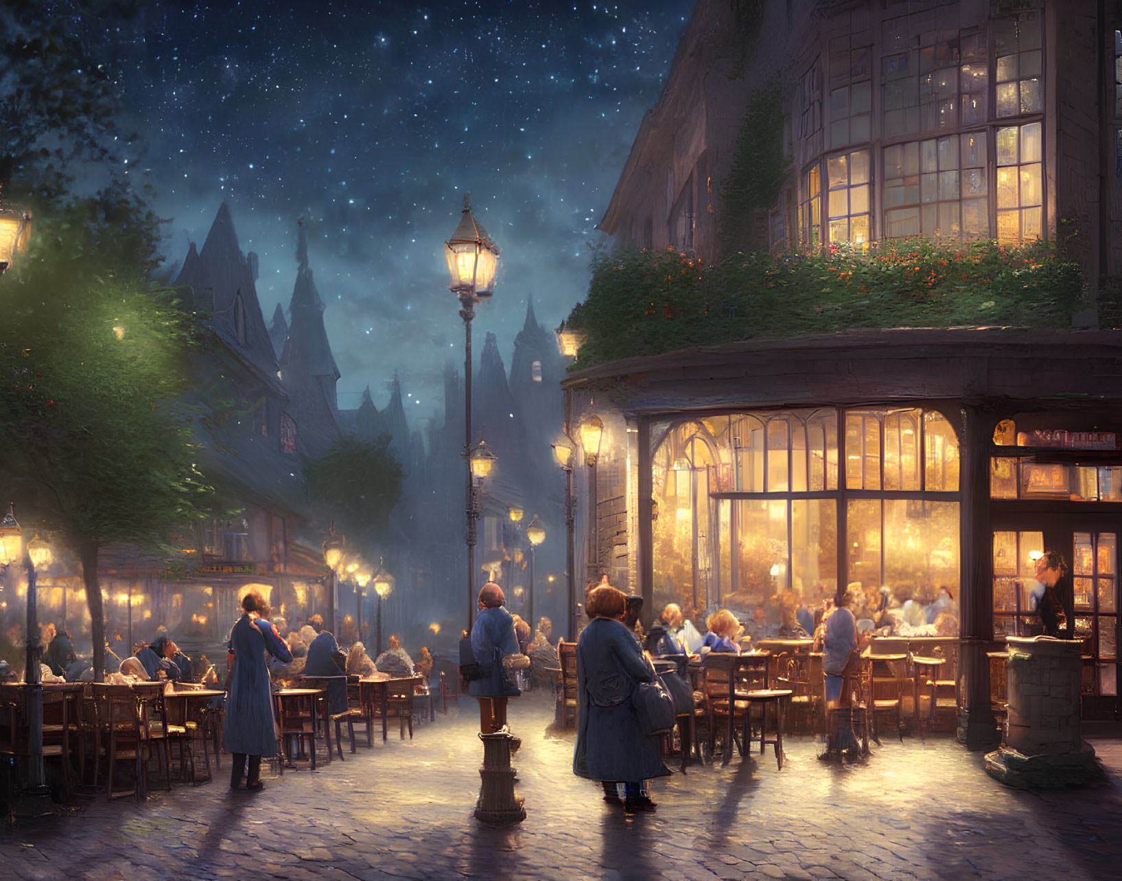 A Busy Nighttime Cafe